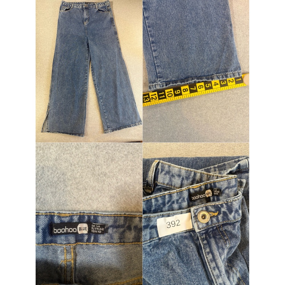 Boohoo Blue Womens Wide Leg Jeans Medium Wash Side Slit High Rise Denim Size 10